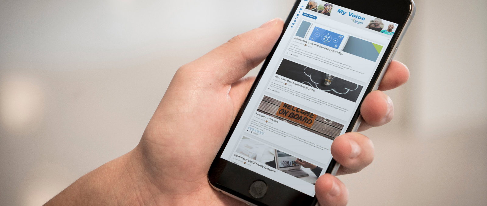 A smartphone showing the MyVoice platform