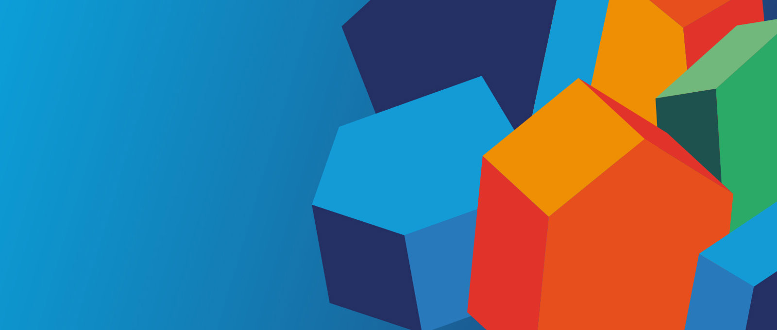 A stack of house-shaped 3D blocks in front of a blue background