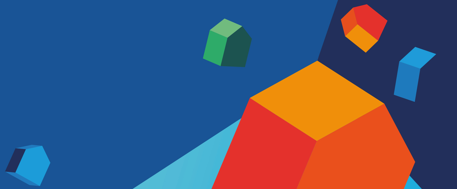 A stack of house-shaped 3D blocks in front of a multicoloured blue background