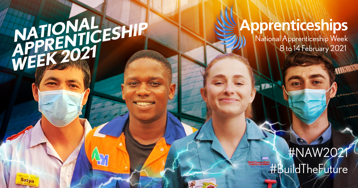 Four apprentices in uniforms smile to camera