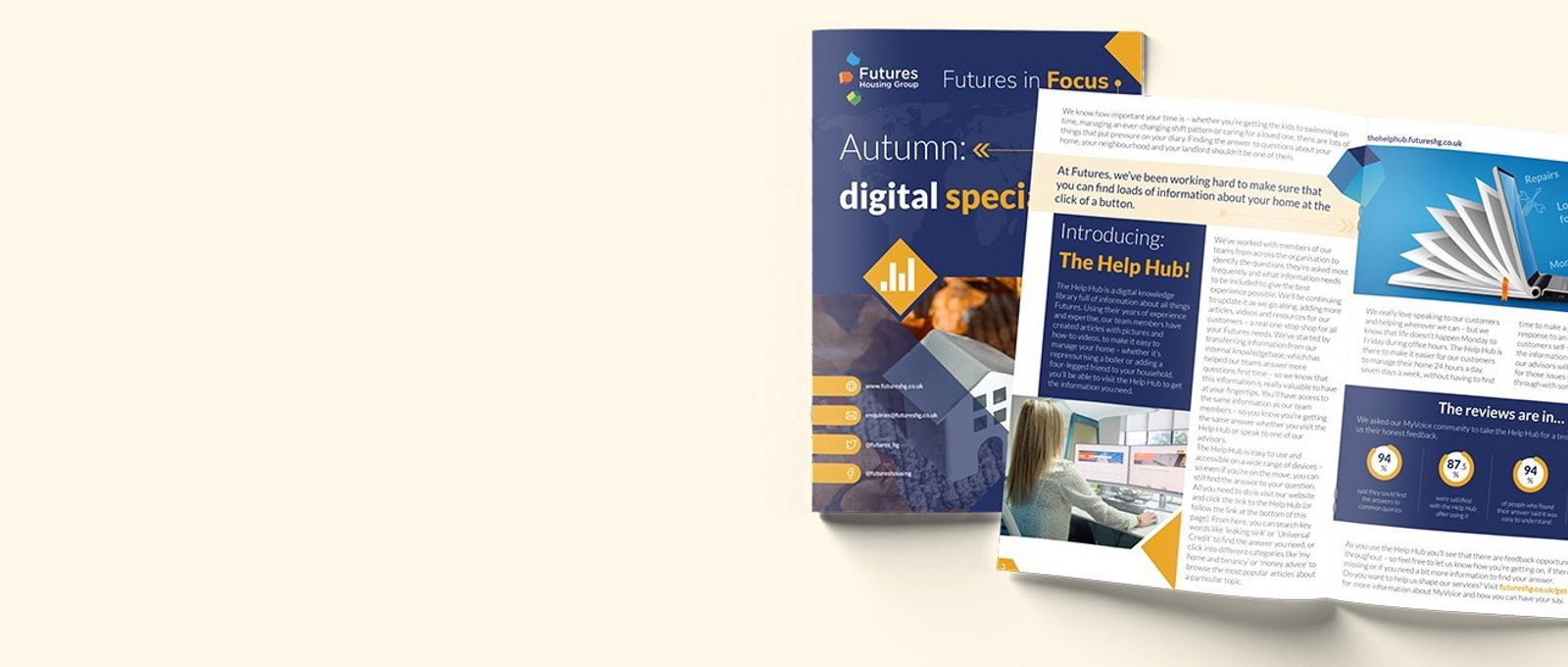 Photograph of a two issues of our digital special customer magazine on a table