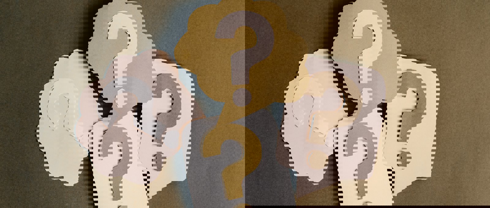 Photograph of four question marks made of paper cutouts