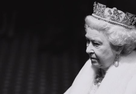 Black and white photograph or HRH The Queen