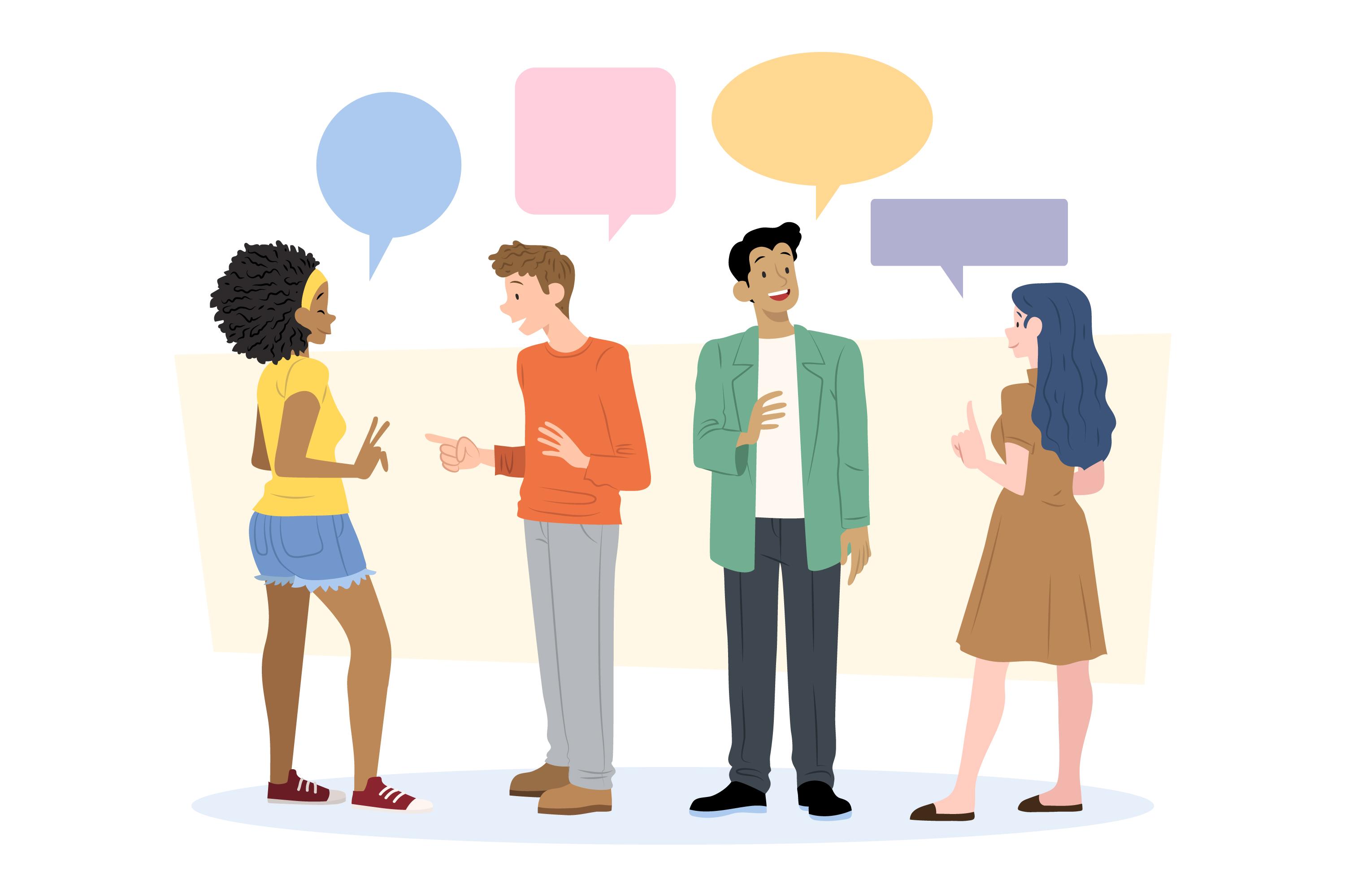 Illustration in a cartoon style of four people with speech bubbles drawn above them