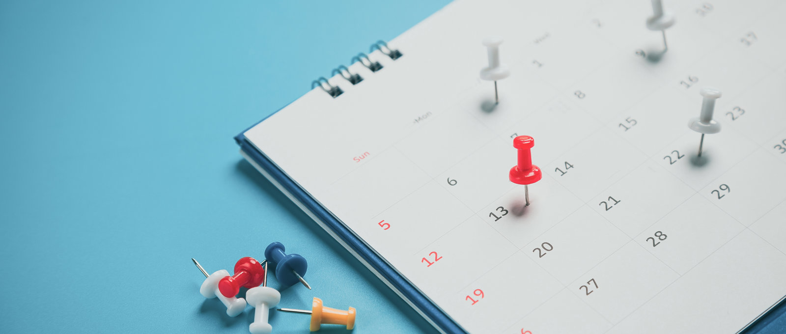 Photo of a calendar lying on a light blue surface with various coloured pins stuck in it and next to it.