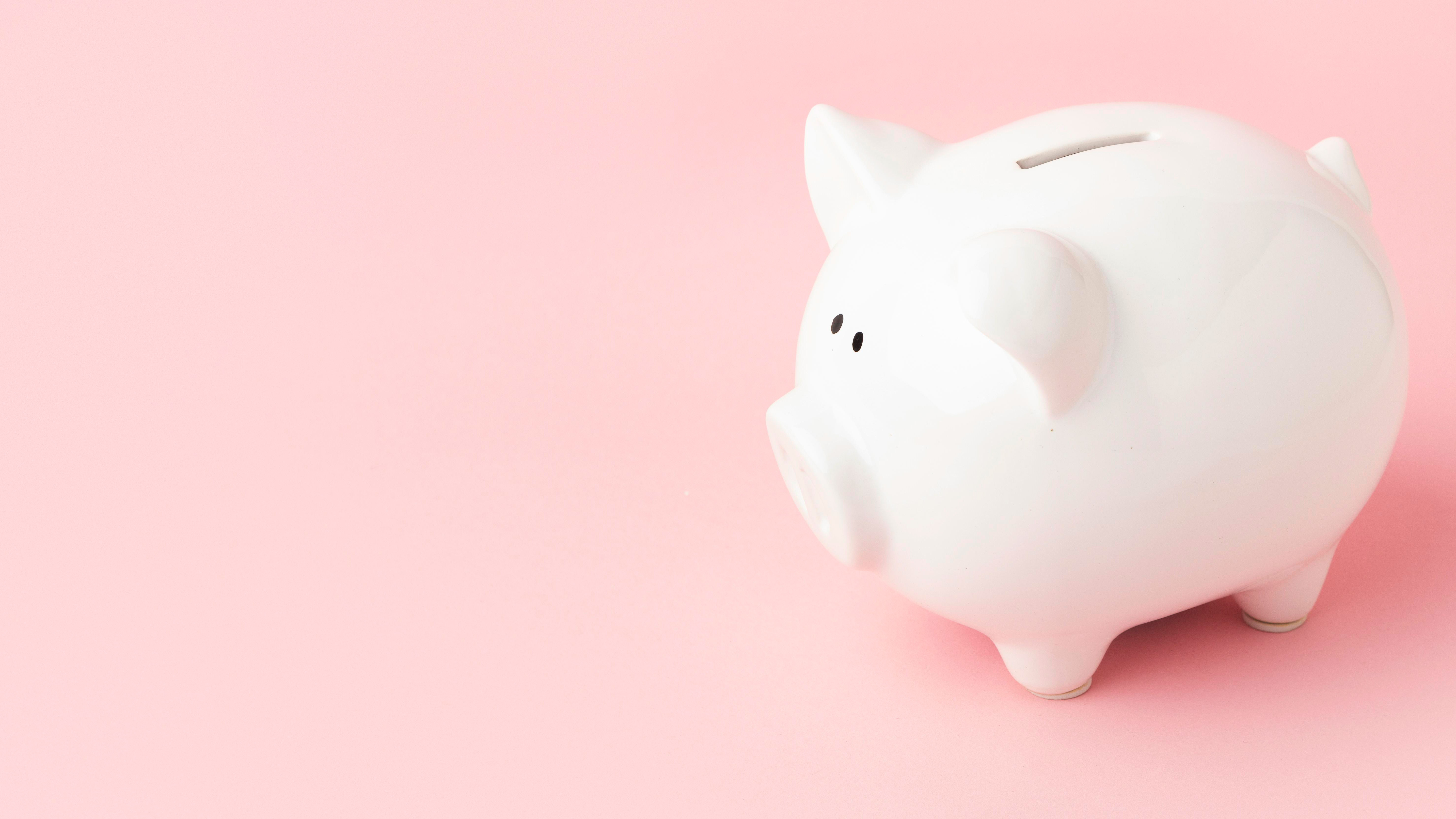 Close-up photo of a white ceramic piggy bank on a pink surface