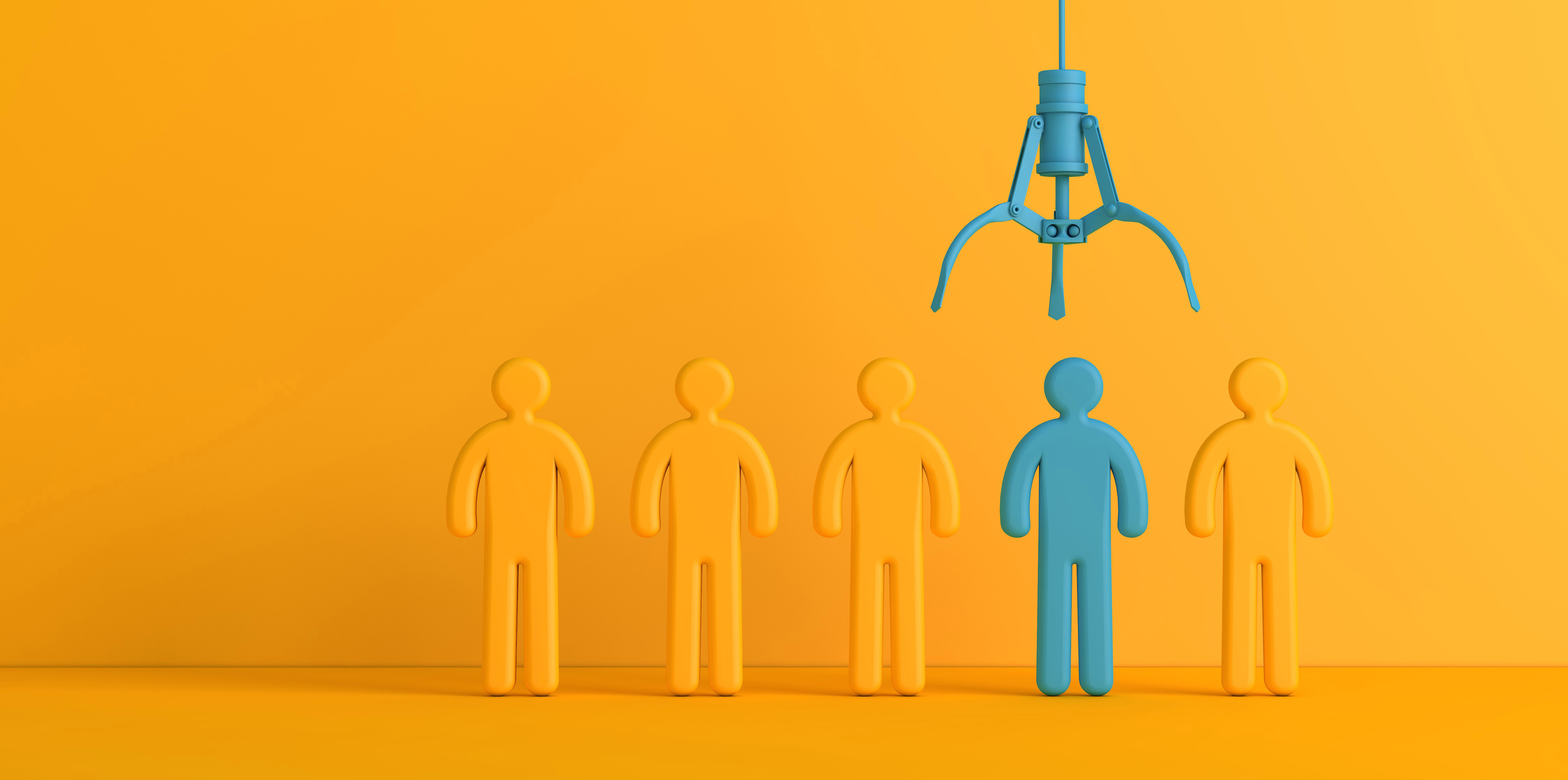 Photo of five 'cut out' figures standing against a bright orange background. Four figures are orange too. One is light blue and a blue 'grabber' is hanging above the blue figure.