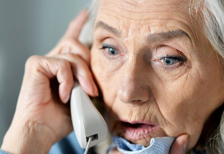 Close up photograph of the face of an older woman on the phone and looking stressed or shocked
