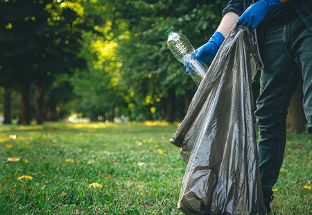Man litter picking with a bin bag in a park