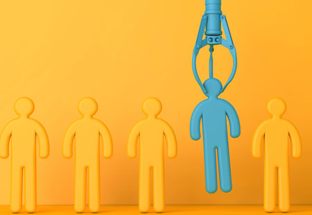 A blue grabber lifting up a small blue model of a person by the head surrounded by four identical but yellow models of people