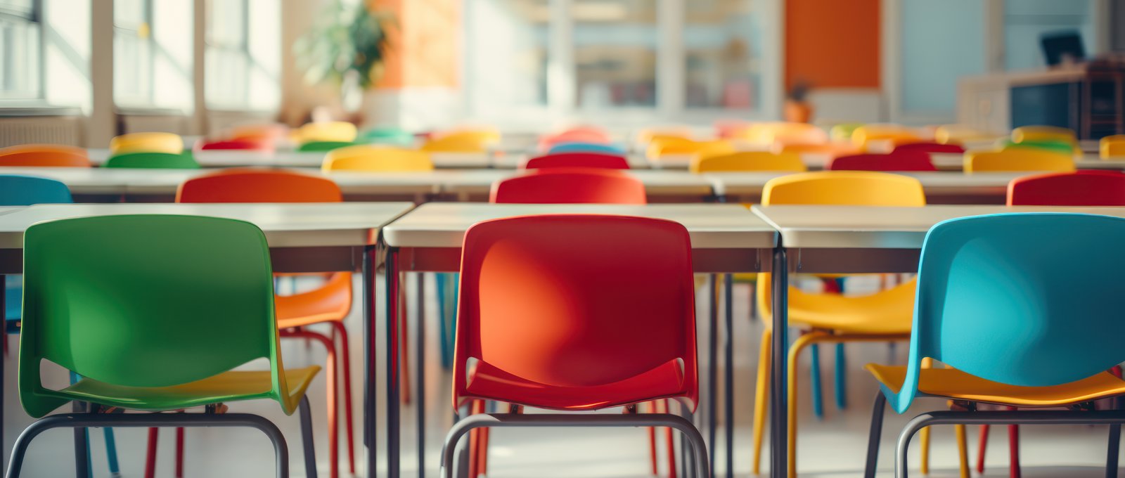 Colourful chairs surround tables in a bright vibrant classroom