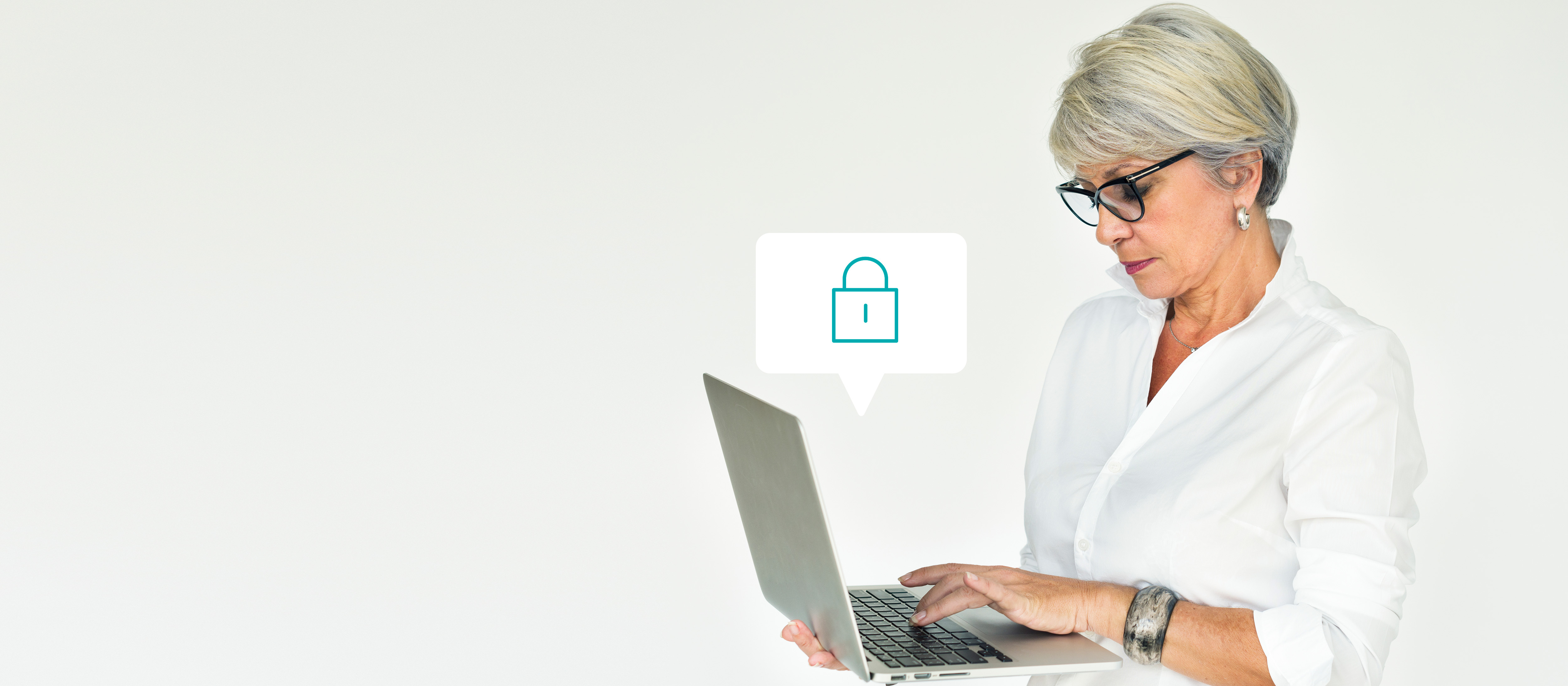 Photo of a woman holding a laptop. An icon of a padlock is floating above the keyboard
